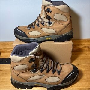 MERRELL SAWTOOTH Walnut Leather Hiking Trail Boots Men’s Sz 12 Mesh Vibram Tan